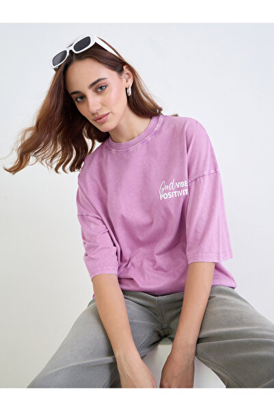 Styli Purple Oversized Slogan Print Acid Wash T-Shirt