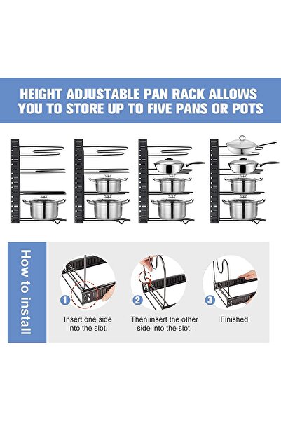 Generic Eesyy 8-Layer Adjustable Pot & Lid Rack with U-Shaped Groove, Self-Assembly, Black Iron
