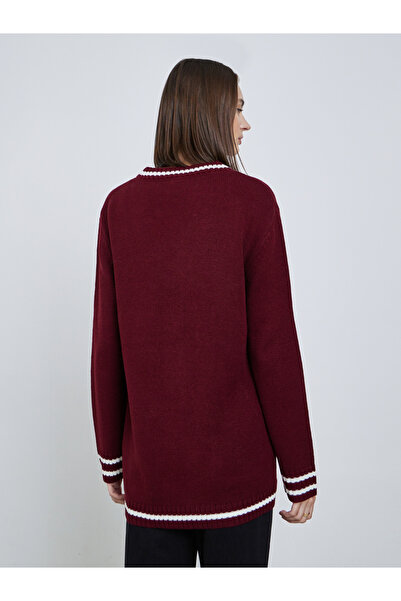 Styli Burgundy Regular Fit Striped Buttoned Cardigan
