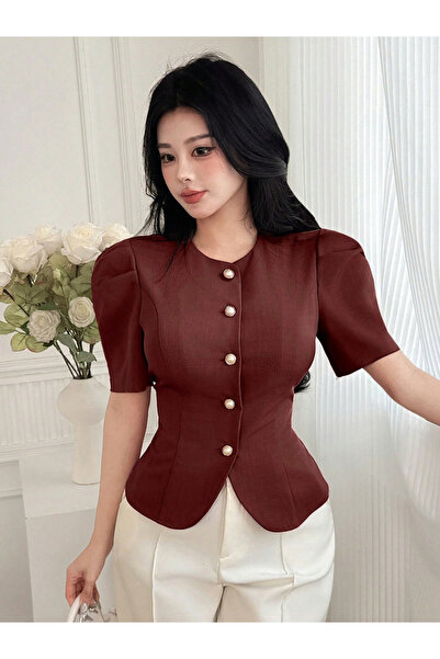 Take Two By Styli Solid Puff Sleeve Button Front Top