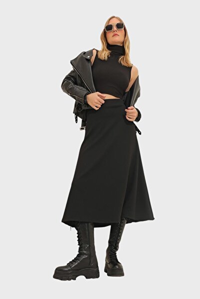 Trend Alaçatı Stili Fustă neagră pentru femei, cu talie înaltă, cu talie elastică A Form, cu lungime midi ALC-X11324