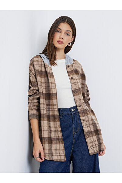 Styli Brown Plaid Flannel Oversized Shacket with Hood