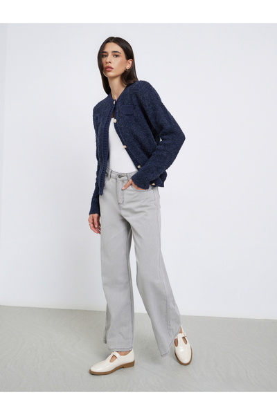 Styli Navy Blue Regular Fit Mixed Yarn Cardigan