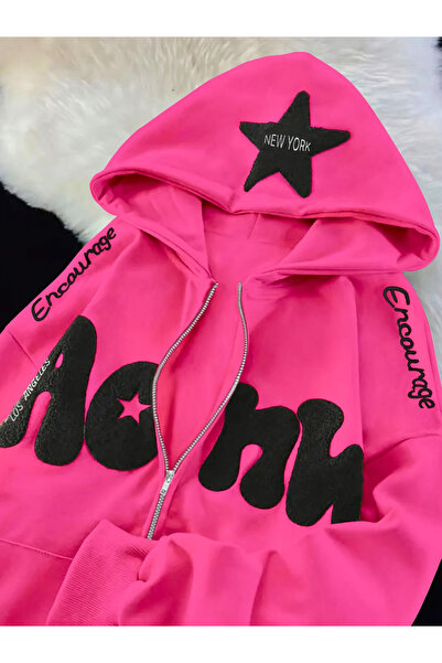 Take Two By Styli Pink Graphic Patch Detail Hooded Jacket