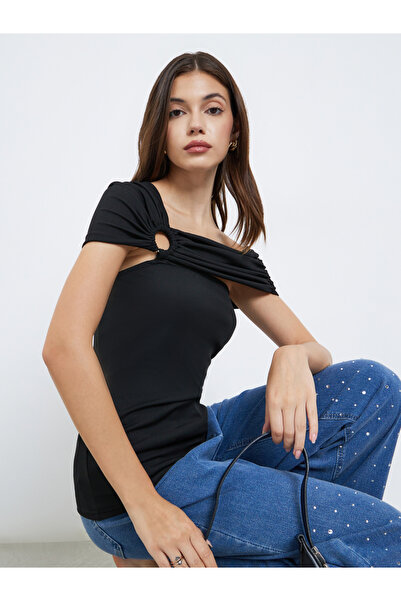 Styli Black Off Shoulder Knit Top with Ring Detail