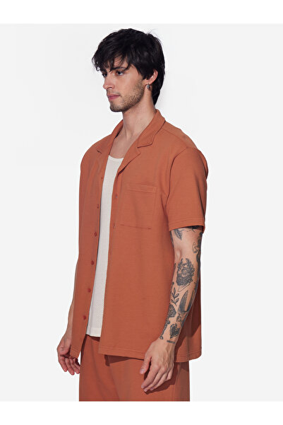 The Souled Store By Styli Men Orange Resort Collar Textured Shirt