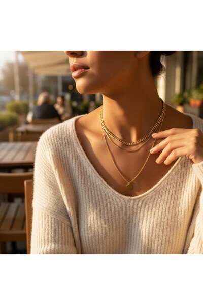 SAZAK AKSESUAR Kadın Altın Renk Katlı Zincir Pullu Paslanmaz Çelik Modern Minimal Kombin Kolye