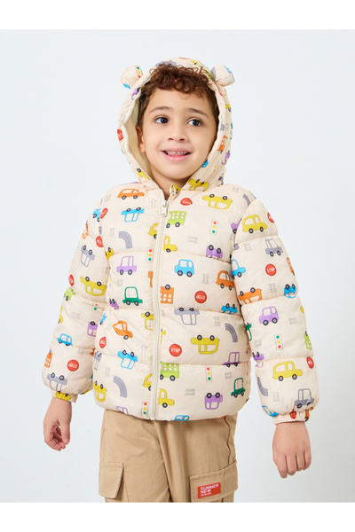 Styli Boys Cream Graphic Puffer Jacket with Hood