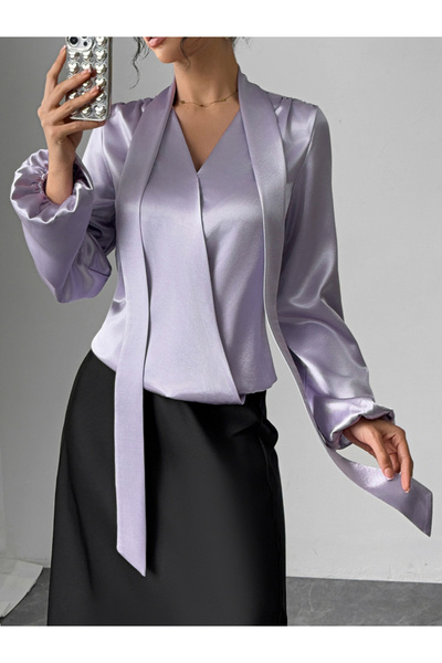 Take Two By Styli Solid V-Neck Balloon Sleeve Top with Scarf