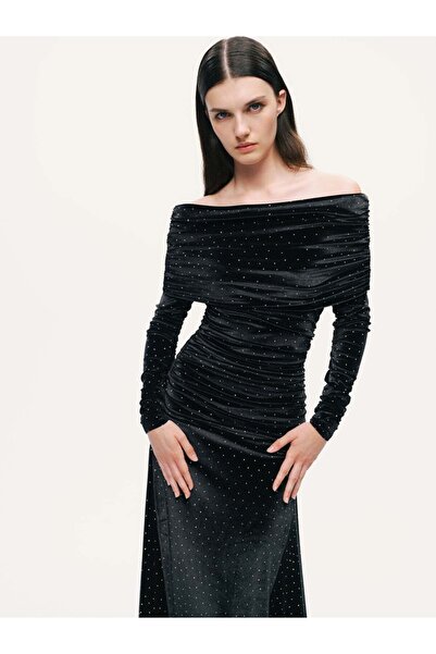 Nocturne Katlı Düz Yaka Maxi Elbise