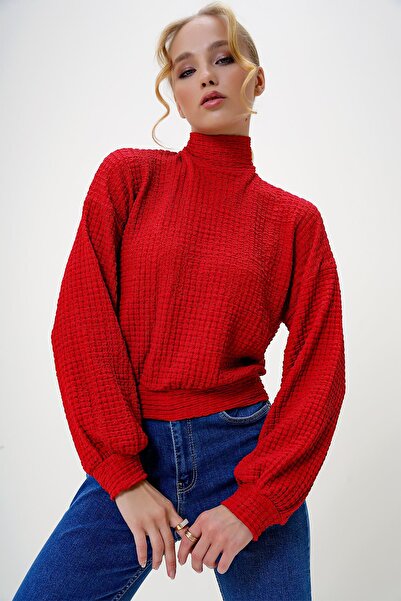 Trend Alaçatı Stili Women's Red Half Turtleneck Wrap Crop Blouse Alc-X13124