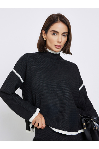Styli Black Regular Fit Sweater with Contrast Trim
