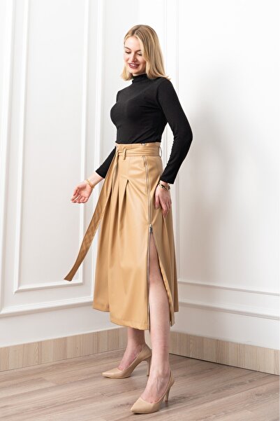 MissVina Двойна кожена пола с цип и колан 6821