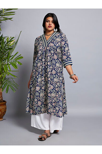 Globus By Styli Plus Size Blue All Over Floral Print Workwear Kurta
