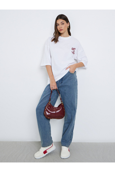Styli White Oversized Embroidered Slogan T-Shirt