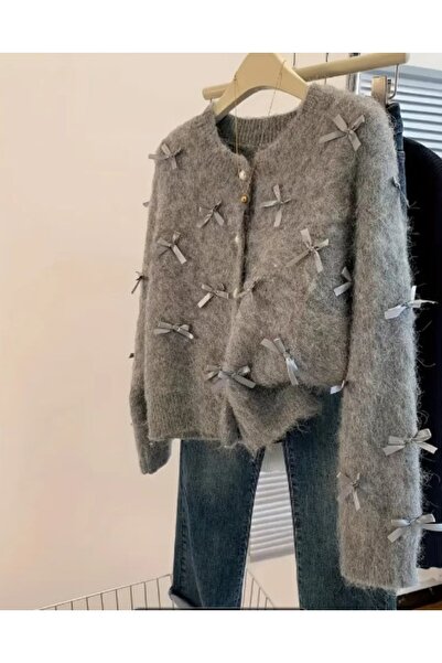 Elfin Gri Yumoş Triko Fiyonk Kurdele Detaylı Kadın Prenses Hırka