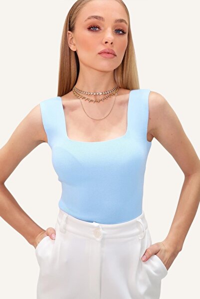 Trend Alaçatı Stili Bluză subțire, mercerizată, cu guler pătrat, albastru baby ALC-7122