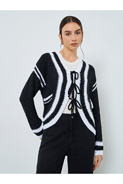 Take Two By Styli Black Crochet Knit Tie-Up Cardigan