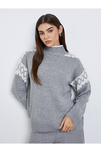 Styli Grey Regular Fit Fair Isle Knit Sweater