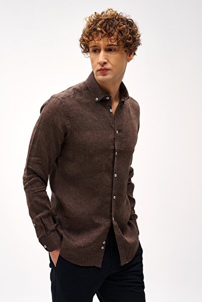 İgs Кафе Динамична кройка с копчета, гладка яка, дълги ръкави, без джобове, 100% ленена риза