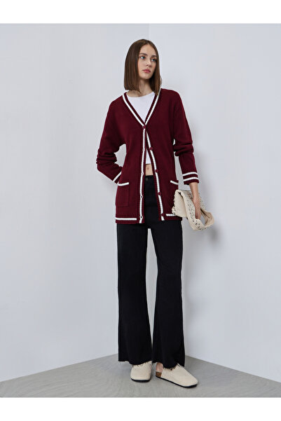 Styli Burgundy Regular Fit Striped Buttoned Cardigan