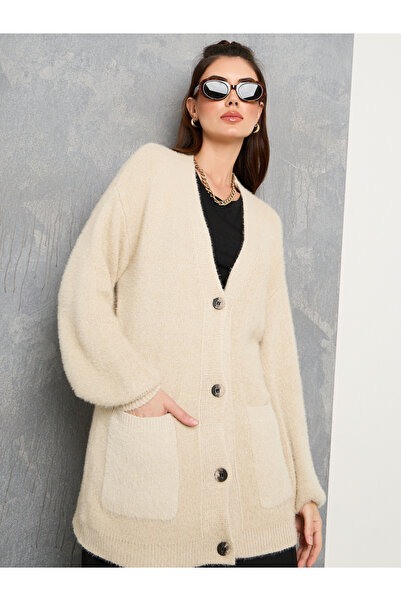 Take Two By Styli Solid Oversized Furry Button Up Cardigan