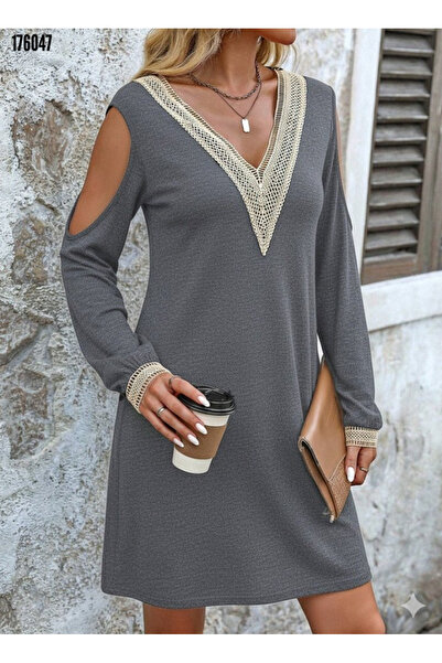 moda wanilia Women's Stylish V-Neck Lace Detailed Long Sleeve Mini Dress