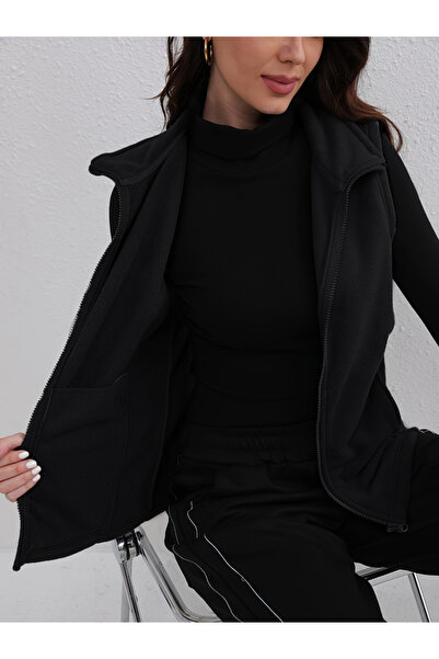 Take Two By Styli Black Fleece Vest with Zip Closure