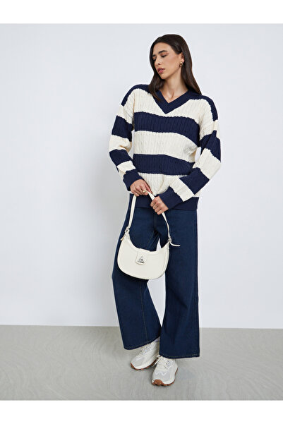 Styli Striped Cable Knit V Neck Sweater