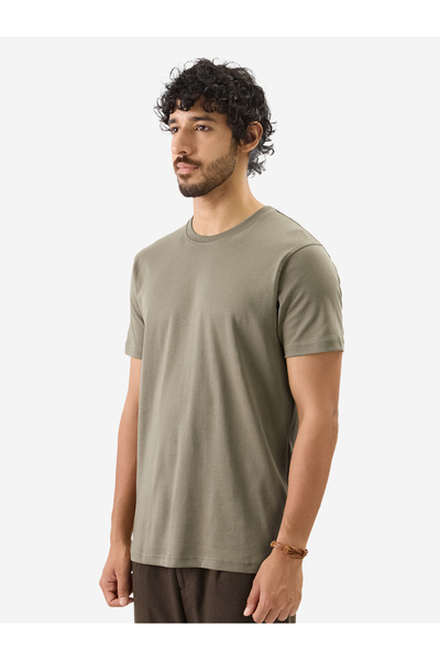 The Souled Store By Styli Men Khaki Plain Interlock Cotton T-Shirt