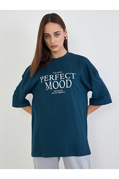 Styli Blue Slogan Print Oversized T-Shirt