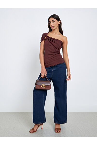 Styli Brown One-Shoulder Knit Top