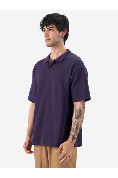 The Souled Store By Styli Men Purple Textured Knit Oversized Polo