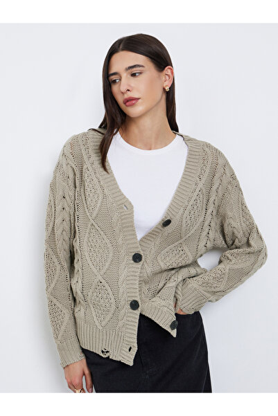Take Two By Styli Beige Cable Knit Ripped Detail Cardigan