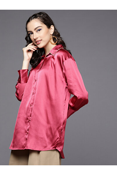 Sassafras By Styli Women Pink Embellished Collar Satin Longline Shirt