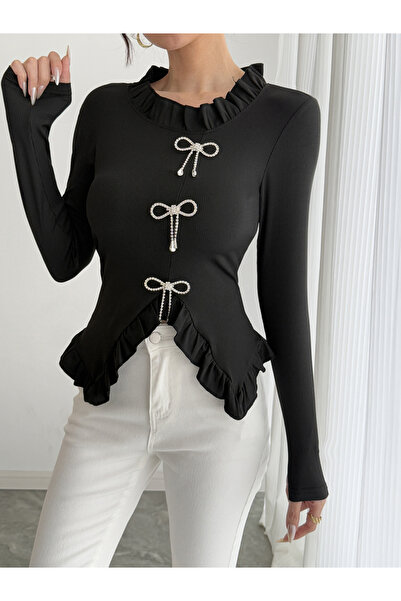 Take Two By Styli Flounced Detail Rhinestone Bow Detail Slit Hem Top