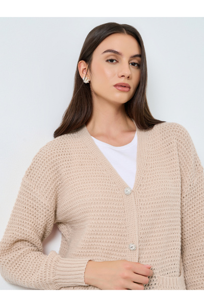 Take Two By Styli Beige Chunky Knit Cardigan with Patch Pocket