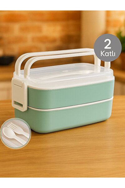 Nesto Home 2 Katlı Taşınabilir Yemek Kabı-Kaşıklı Çatallı Lunch Box