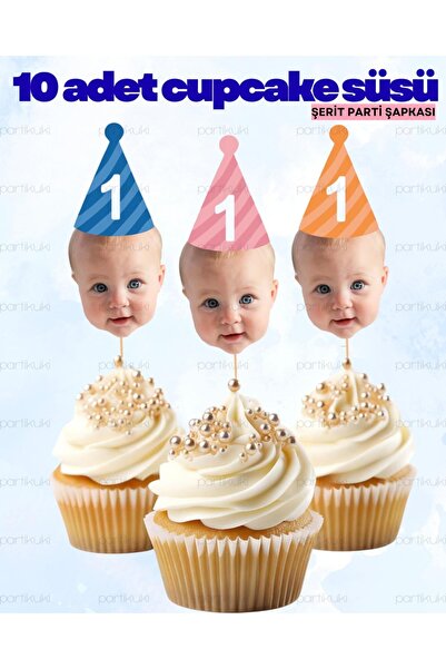 partikuki Kız Erkek Bebek Doğum Günü Cupcake Kürdan Süsü Fotoğraflı ve Şapkal...