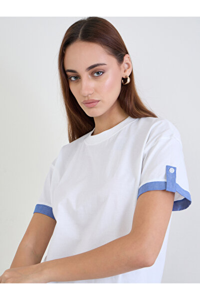 Styli White Cotton T-Shirt with Blue Cuff Detail