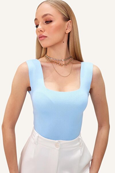 Trend Alaçatı Stili Bluză subțire, mercerizată, cu guler pătrat, albastru baby ALC-7122