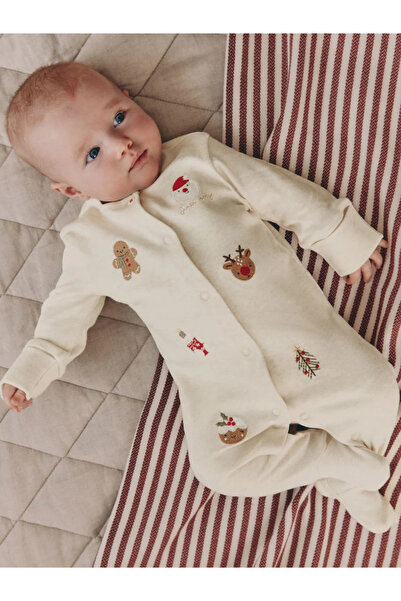 Next Baby 100% Organic Cotton Character Patterned Cream Christmas Jumpsuit Alyh11970