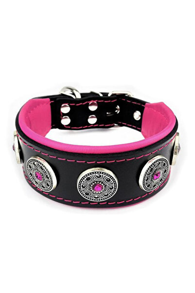 Bestia Bijou Leather Dog Collar, L (42.5-50 cm), Black/Pink