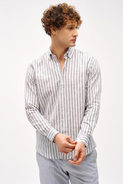 İgs Синя сорочка Dynamic Fit з ґудзиками на комірі, смугаста, з довгими рукавами, без кишень, бавовняна