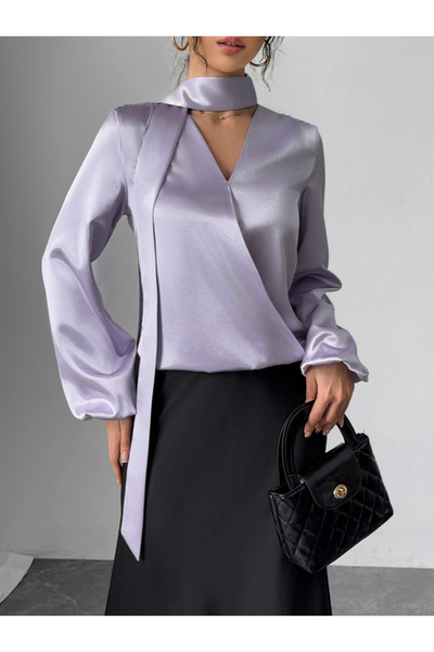 Take Two By Styli Solid V-Neck Balloon Sleeve Top with Scarf