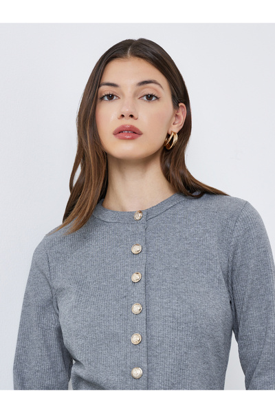 Styli Grey Ribbed Knit Buttoned Top
