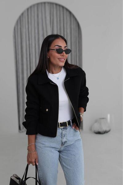 MODA Zr Cepli Kısa Bomber Siyah Kaşe Ceket