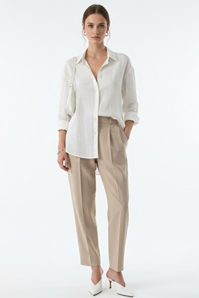 Kübra Tekstil Women's White Linen Classic Regular Fit Shirt Collar Buttoned Long Sleeve Elegant Shirt – Women's Shirt