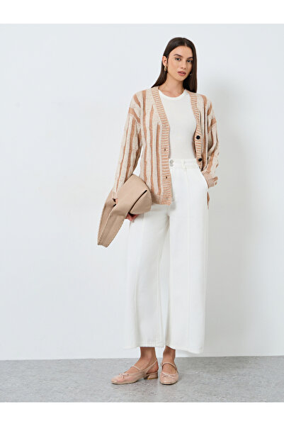 Take Two By Styli Beige Striped Cable Knit Cardigan