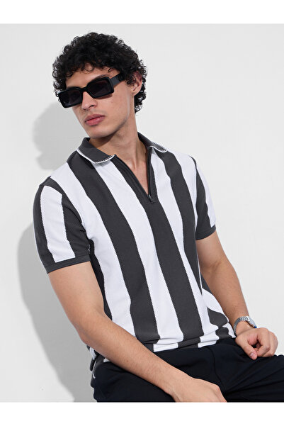The Souled Store By Styli Men Grey Striped Textured Polo